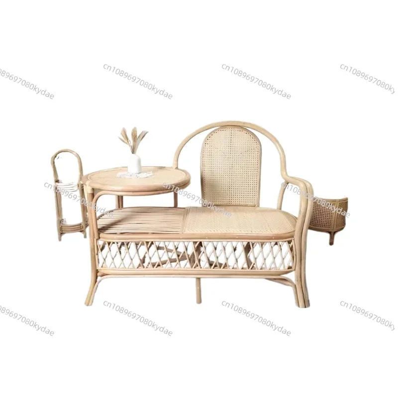 Retro Rattan Single Sofa Chair Integrated Coffee Table Balcony Leisure Recliner Home Small Apartment Lounge Chair