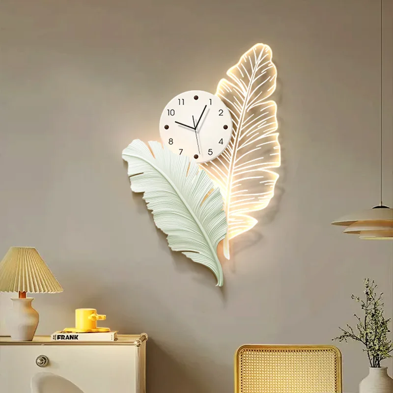 Cream wind feather clock decoration painting, background wall ambient light luminous wall clock wall light
