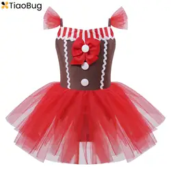 Girls Christmas Gingerbread Costume Sleeveless Tutu Dress Leotard Dancewear Xmas Holiday New Year Party Fancy Dress Up