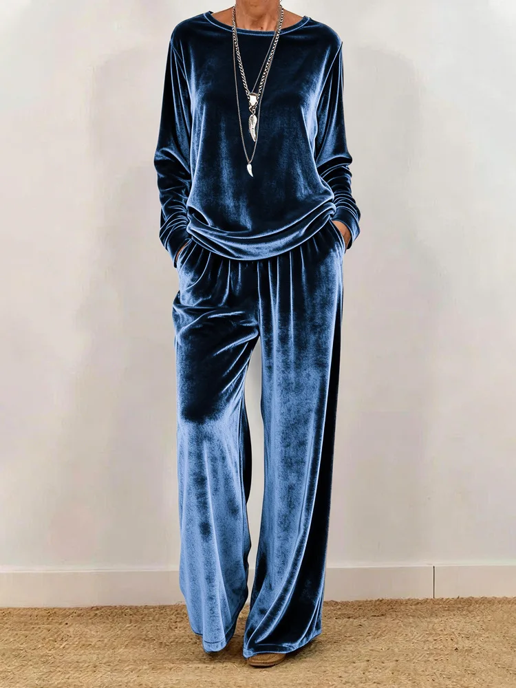 Women's Spring Autumn Velvet Two Piece Suit Fashion Solid Color O-Neck Top+Wide Leg Pants Set Ladies Loose Comfortable Outfit