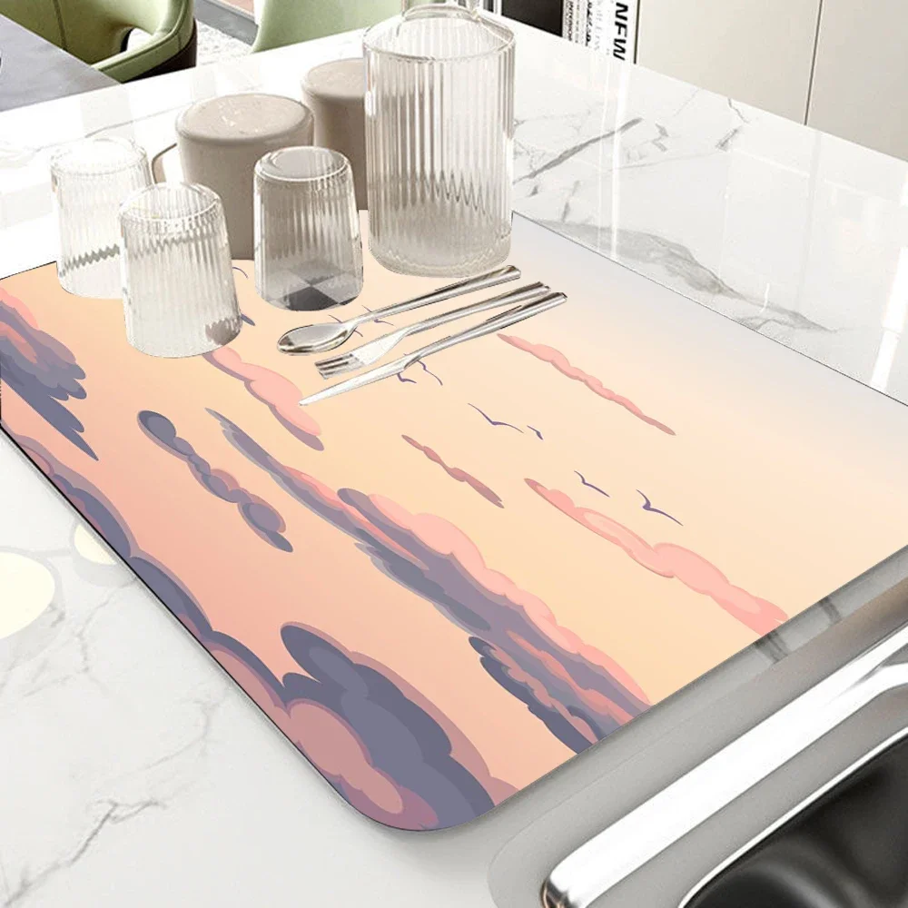 Marble Kitchen Dish Drainer Mat Antiskid Draining Mat Coffee Maker Drain Pad Quick Dry Tableware Mat Kitchen Absorbent Placemat