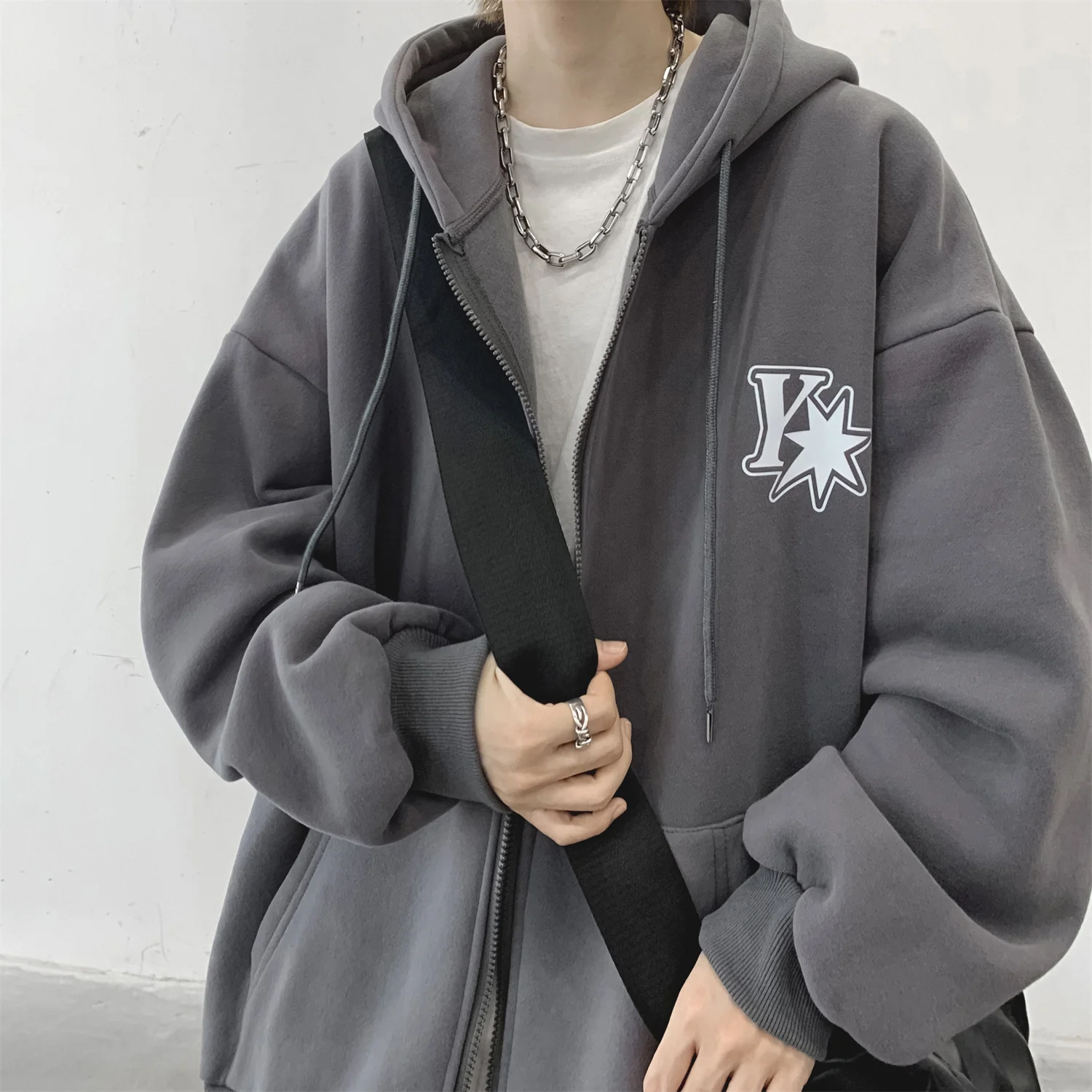 

Мужская утепленная флисовая толстовка-кардиган на молнии, повседневная, свободного кроя, спортивная одежда для осени и весны, с карманом-кенгуру