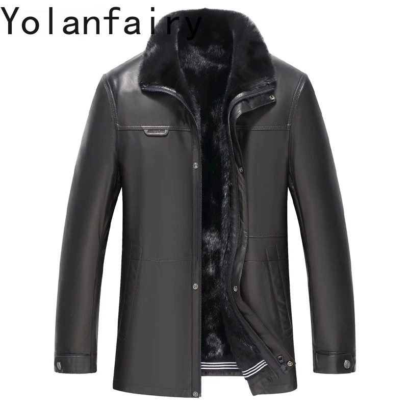 

YOLANFAIRY Real Goatskin Genuine Leather Jacket Man Winter Whole Mink Fur Liner Coat Men Clothing Casual Warm Leather Jackets