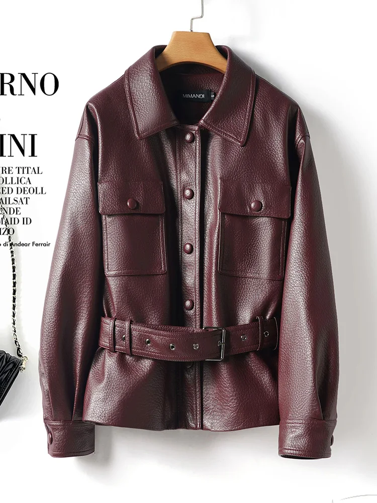 New Women Goose Down Split Leather Jacket Autumn Winter Fashion Turn-down Collar Single Breasted Slim with Belt Leather Jacket