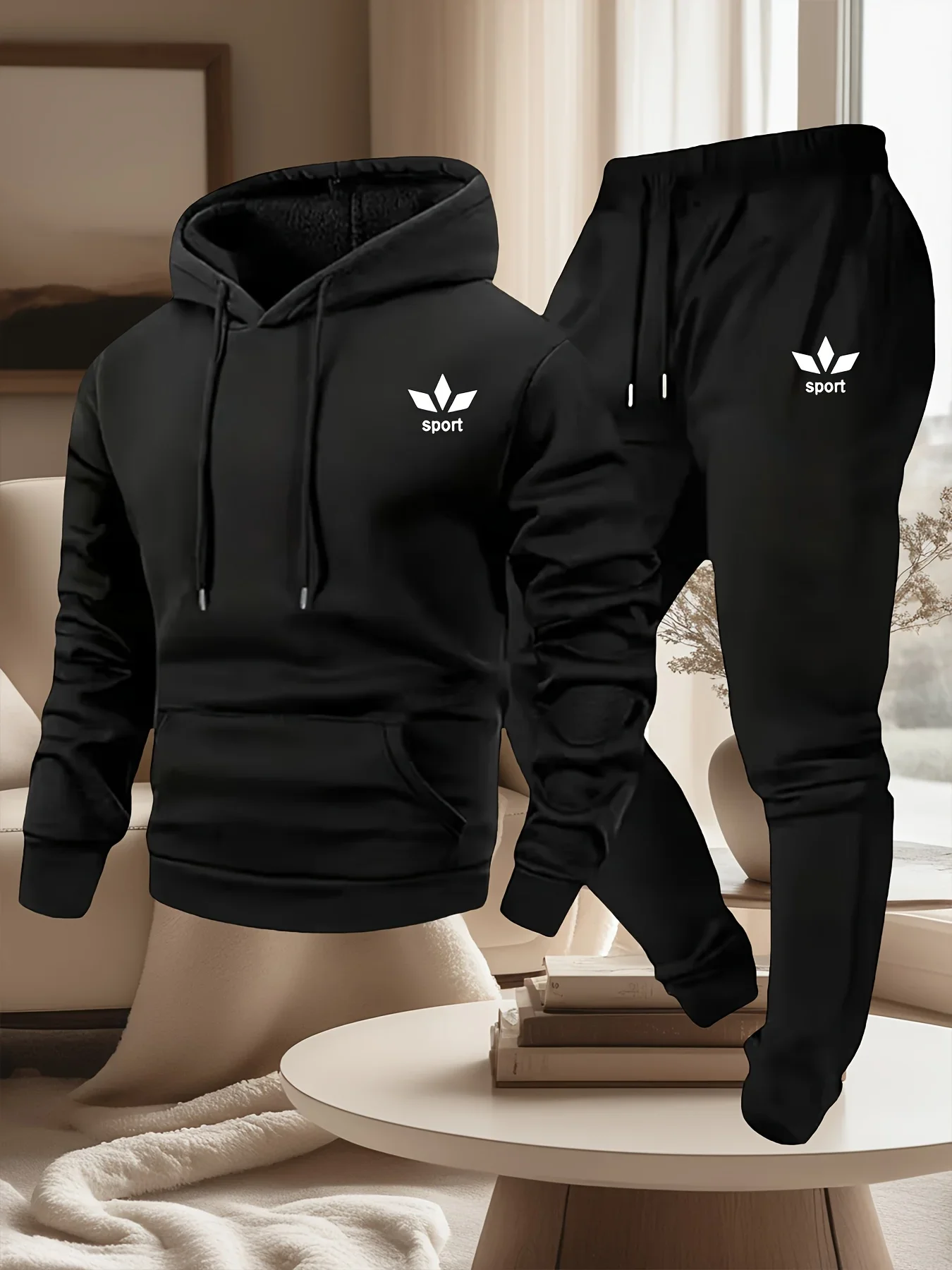 Men Sport Printed Tracksuit 2 Piece Set Warm Lined Drawstring Hoodie Jogger Pants Casual Sports Sweat Outfit For Autumn Winter