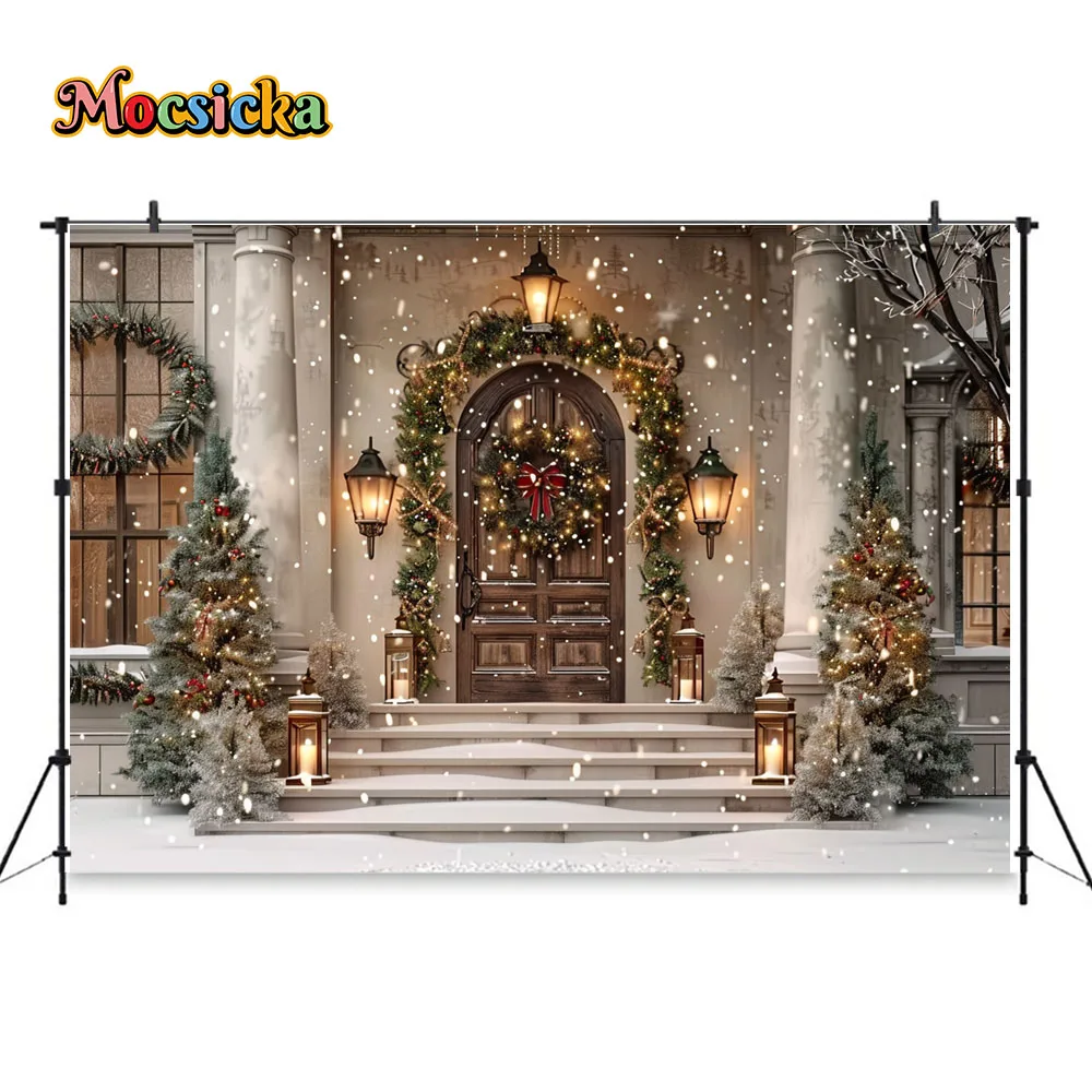 Winter Christmas Photography Background Rustic Brown Door Lights Xmas Tree Snowflake Backdrop Kid Birthday Party Portrait Studio