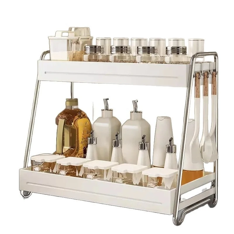 2-Tier Kitchen Spice Rack, Countertop Stainless Steel Organizer for Condiments, Jars, and Utensils