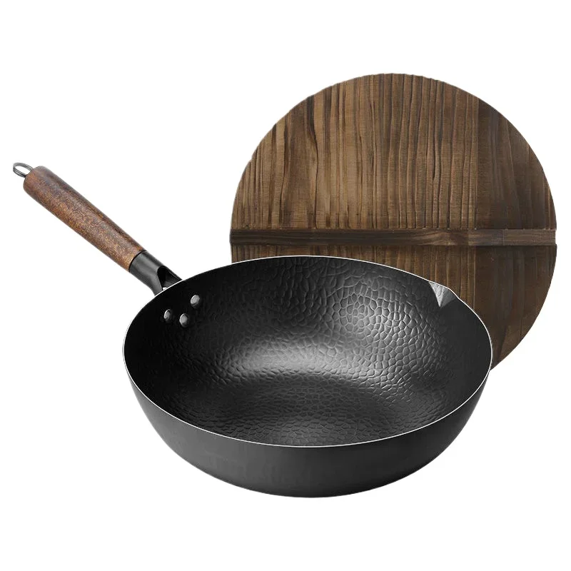 Carbon Steel Wok Pan 32cm Stir-Fry Pans with Wooden Lid Uncoated Flat Bottom Chinese Pan for Induction Electric Gas All Stoves