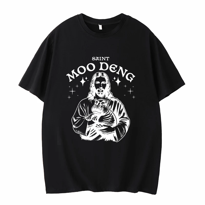 Moo Deng Jesus Holding Funny Expression Pack T-shirt For Men And Women Animal Text Sketch Pattern Summer Short Sleeve