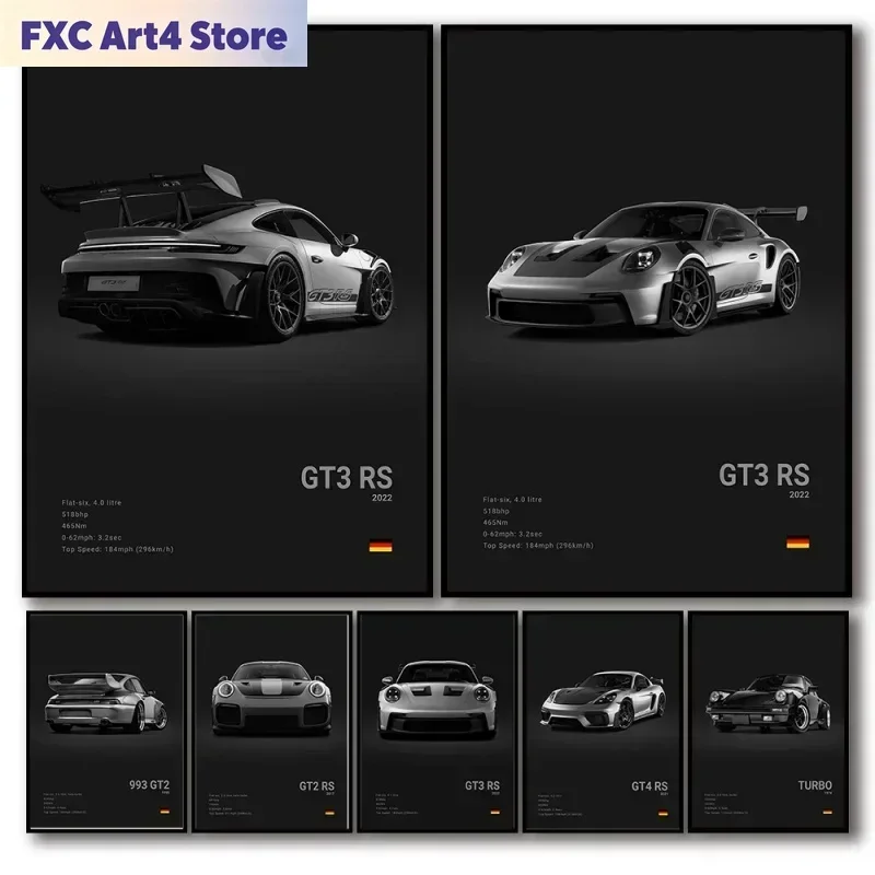 Frameless Pop Black And White German Luxury Sports Car Poster Wall Art 911 GT3 RS Turbo HD Oil On Canvas Print Garage Living Roo
