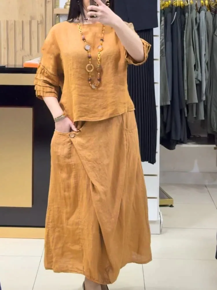 

Loose Solid Color 2 Piece Set Fashion O-neck Half Sleeved Pullover Top Irregular Button Pocket Elastic Waist Long Skirt Set