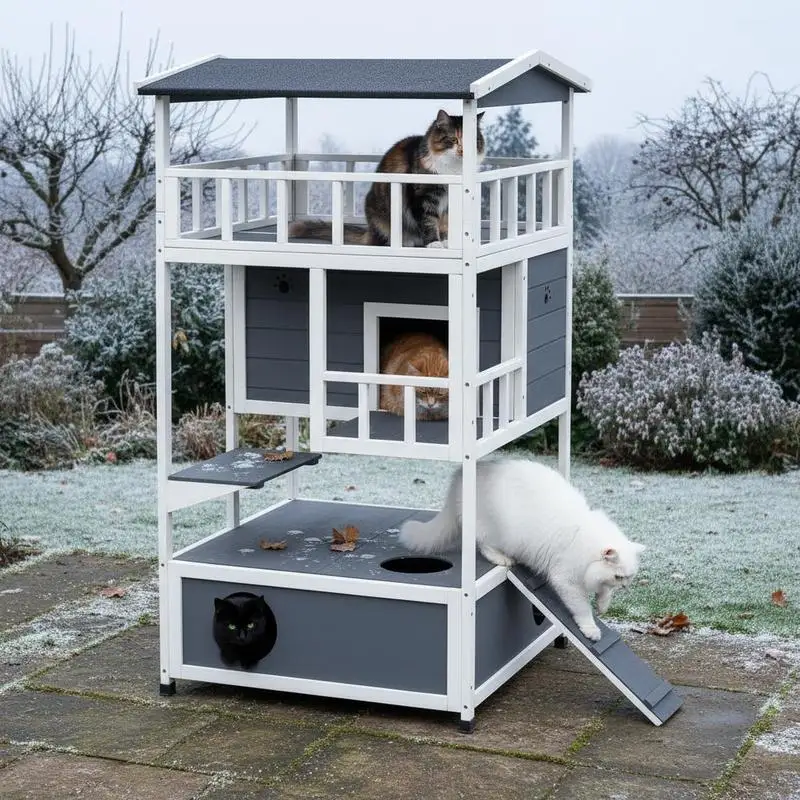 

Wooden Outdoor Cat House, 3-Tier Cat Shelter with Tilted Roof, Terrace, Jump Step, Bottom Tray and Elevated Base, Waterproof Paint, Grey