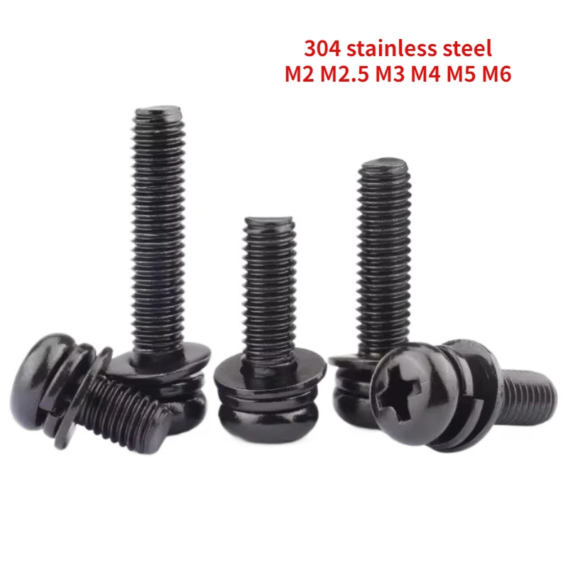 20/50/100/200pcs M2 M2.5 M3 M4 M5 M6 304 Stainless Steel Black Cross Round Head Combination Screw 9074.4