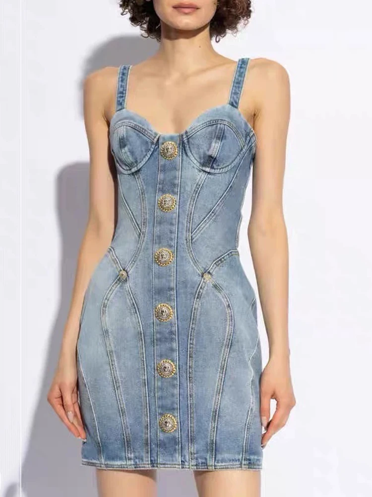 

Temperament elegant Slim package hip women's dress 2024 fall new metal buttons decorated denim halter dresses