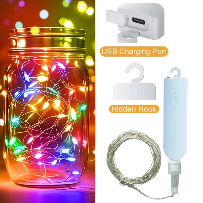Waterproof String Lights Timer LED Twinkle Light Dimmable 8Lighting modes Rechargeable for Halloween Bedroom ChristmasTree Decor
