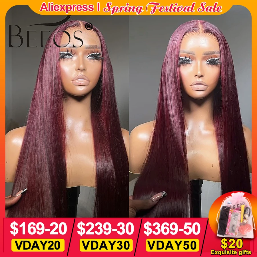 

BEEOS Pure 99J Burgundy Red Colored 250% 13x6 Lace Frontal Wig Pre Plucked Raw Brazilian Wigs On Sale 30inch Straight