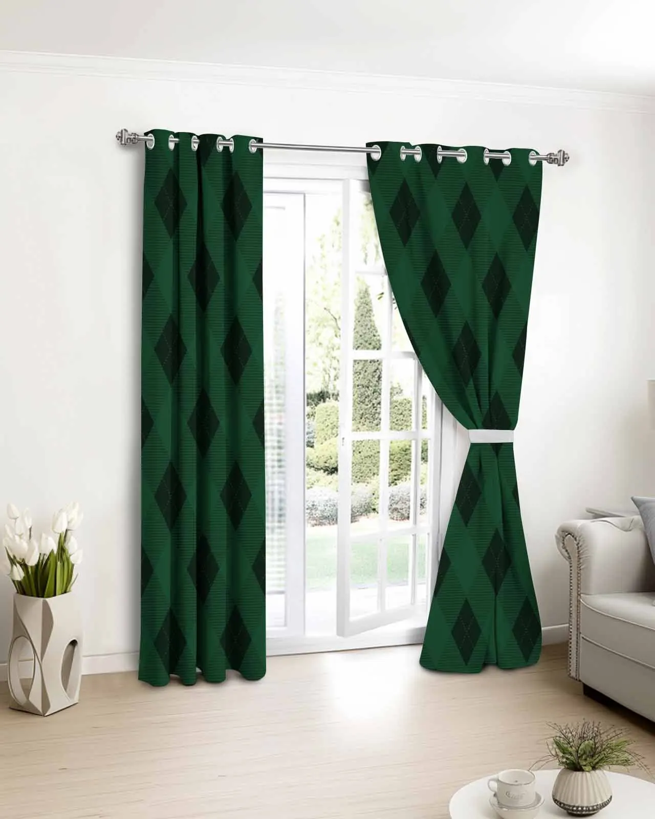 

2pcs, 1 panel Green Christmas Plaid Polyester Window Curtains For Living Room Kitchen Bedroom Drapes
