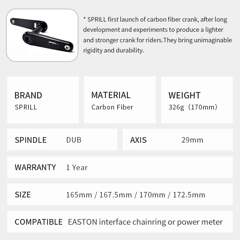 Super Light 326g Carbon Fiber Road Cranks Dub 29mm COMPATIBLE EASTON Interface Chainring Power Meter 165mm 172.5mm