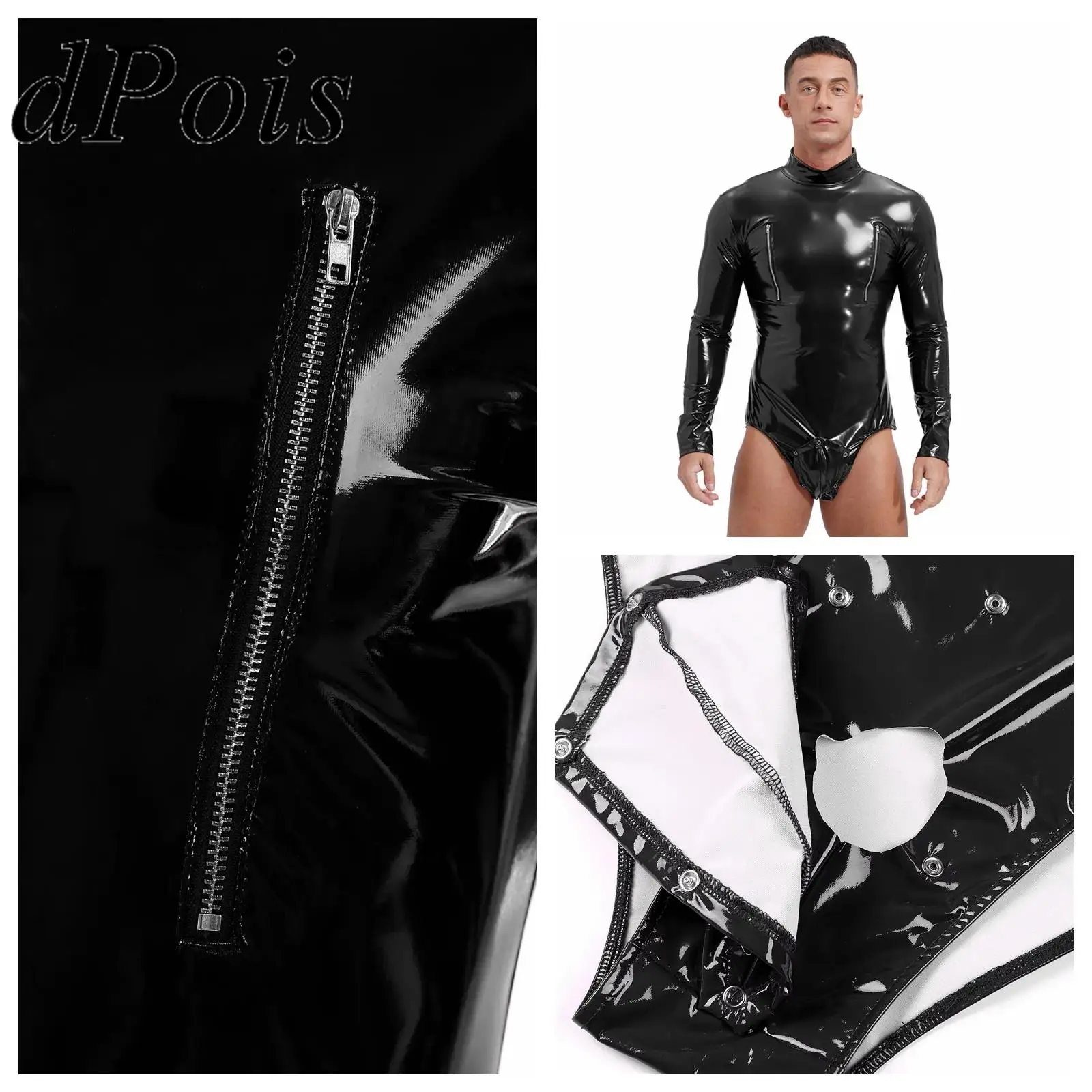 

Men's Wet Look Leather Zipper Bodysuit PVC Patent Stretchy Long Sleeve Leotard Open Crotch Removable Bulge Pouch Sexy Clubwear