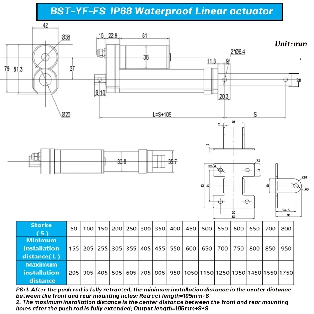 IP68 Waterproof Linear Actuator High Thrust Electric Push Rod 12V/24V 50-800mm Stroke Solar Tracker Motorisation of Door 40mm/s