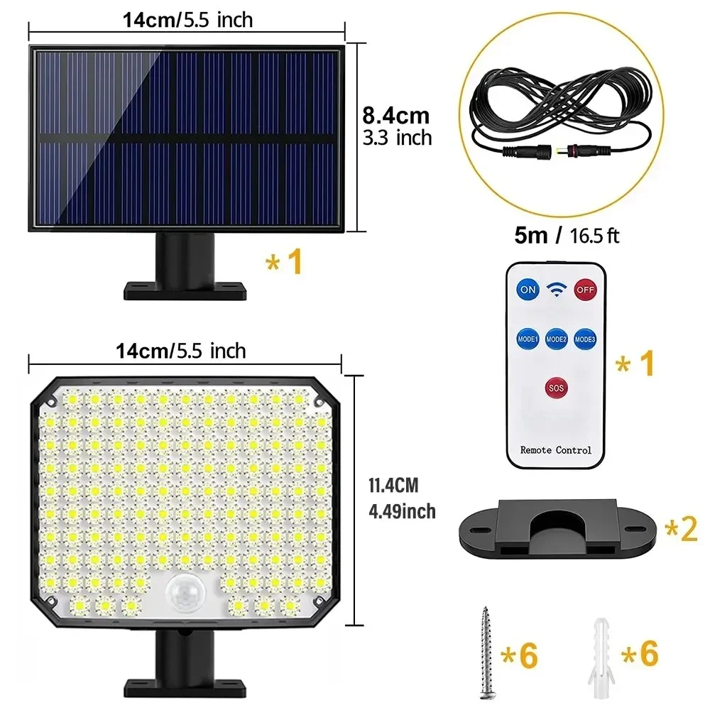 118LED Outdoor Solar Light 3 Mode Street lamp with Motion Sensor Remote Control IP65 Waterproof Patio Garage Backyard Wall Light