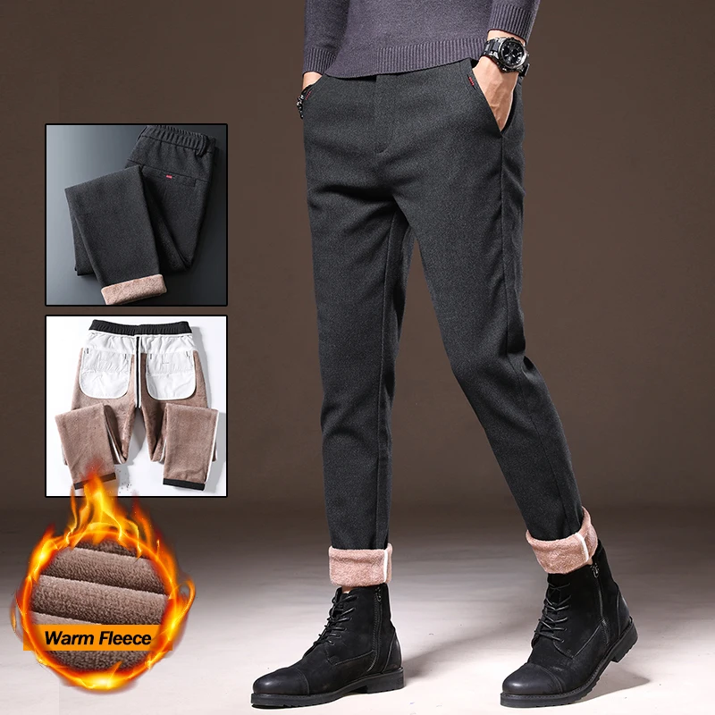 

Winter Men's Fleece Warm Casual Pants Brushed Fabric Slim Straight Business Casual Trousers Black Plush Velvet Thermal Pants