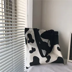 Japanese Cute Cow Handheld Canvas Bag Simple and Versatile Art Shoulder Bag Schoolgirl Shopping Bag