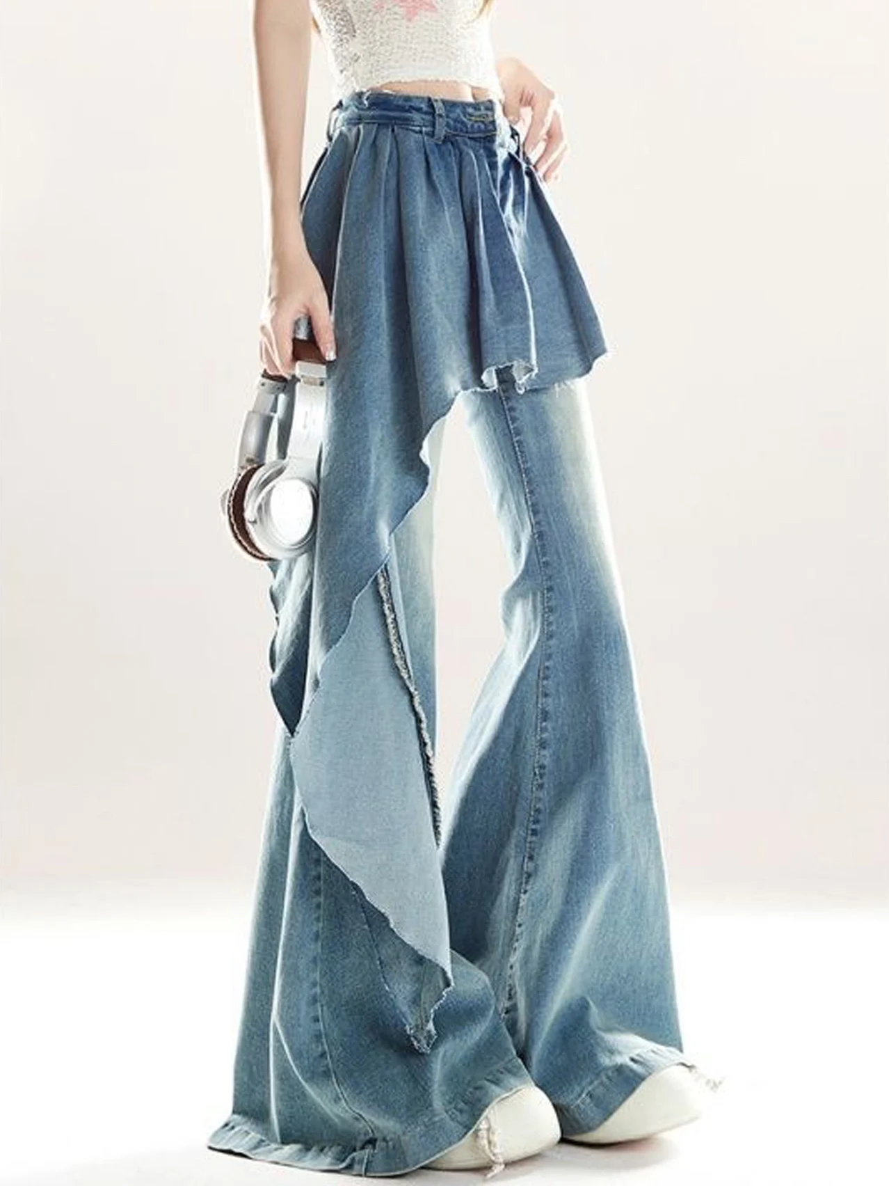High Waist Slim Fit Micro Flared Jeans Women's Autumn New Asymmetric Design Denim Pants False Two-Piece Trendy Skirt Hem