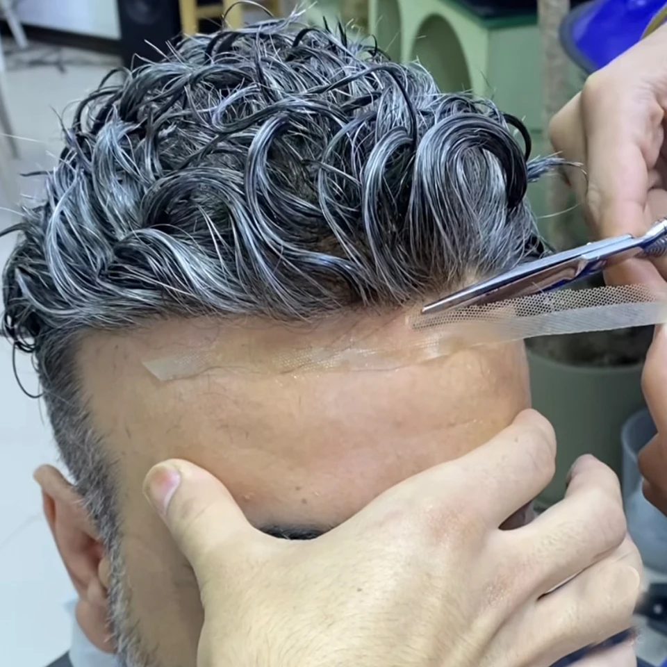 

Durable Q6 1b50 1b80 Grey Black Man Wigs Nautral Hairline Bleached Knots Blonde Human Hair French Lace Front&Thin PU Mens Toupee