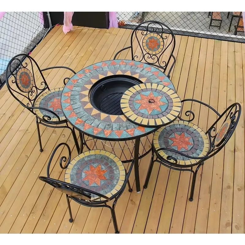 

European Style Rustic Outdoor Barbecue Table Chairs Set Courtyard Garden Balcony Leisure Iron Mosaic Round Table Chairs Muebles