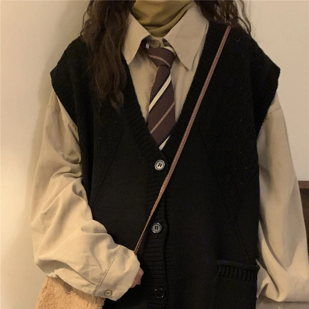 Sweater Vest Women College Japanese Vintage Loose Black Simple Knitting Students Trendy Autumn Elegant All-match Leisure Clothes