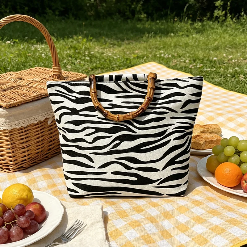 Black and White Zebra Print Women's Tote Bag, Bamboo Handle Large-Capacity Commuter Bag, Multifunctional Daily Travel Bag