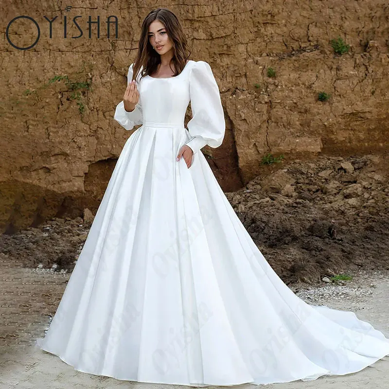 OYISHA colher branco muçulmano vestidos de casamento Puff mangas cetim requintado vestido de noiva simples A-Line Sweep Train Vestido De MariagesOYISHA Scoop Branco Muçulmano Vestidos de Noiva Puff Mangas Cetim Exquisi