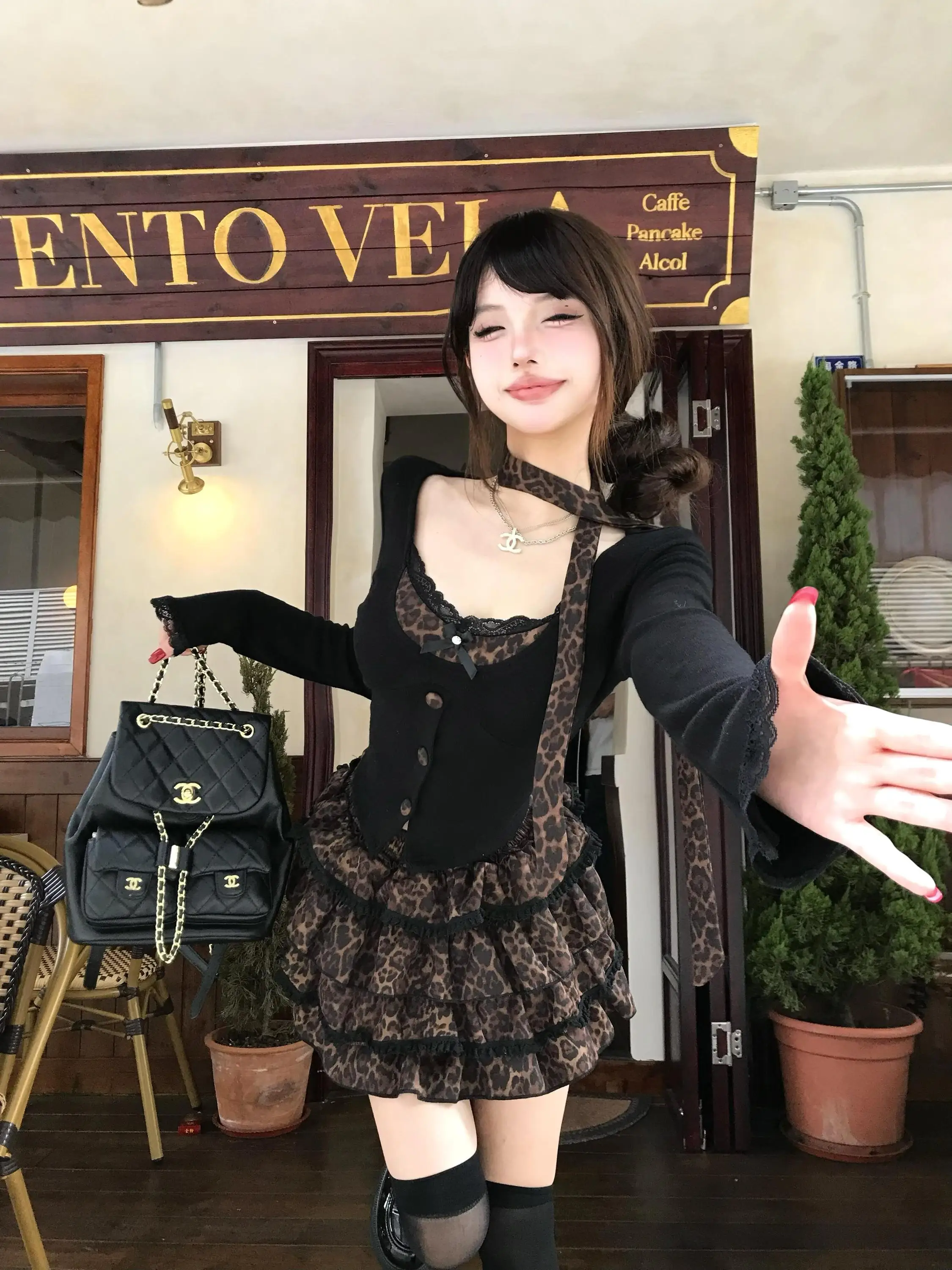 

Pure Desire Sweet Spicy Girl Lace Leopard Print Top Cake Skirt Two-Piece Set Women's Fashion Spring Autumn Ensemble