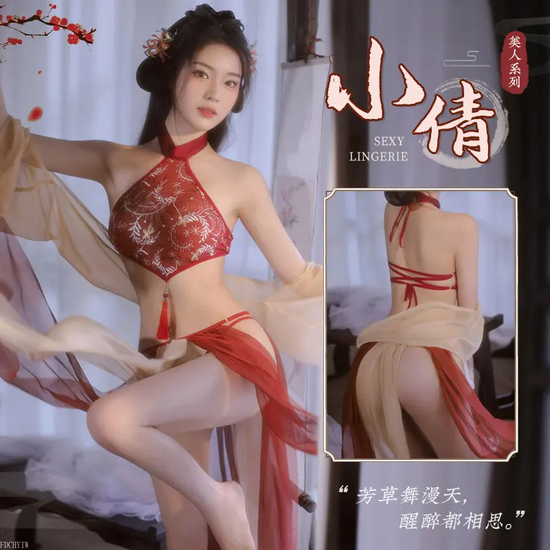 Gaun Klasik Cina Hanfu Bordir Saku Perut Rok Setelan Seksi Lingerie Seragam Erotis Menggoda Tradisi Wanita