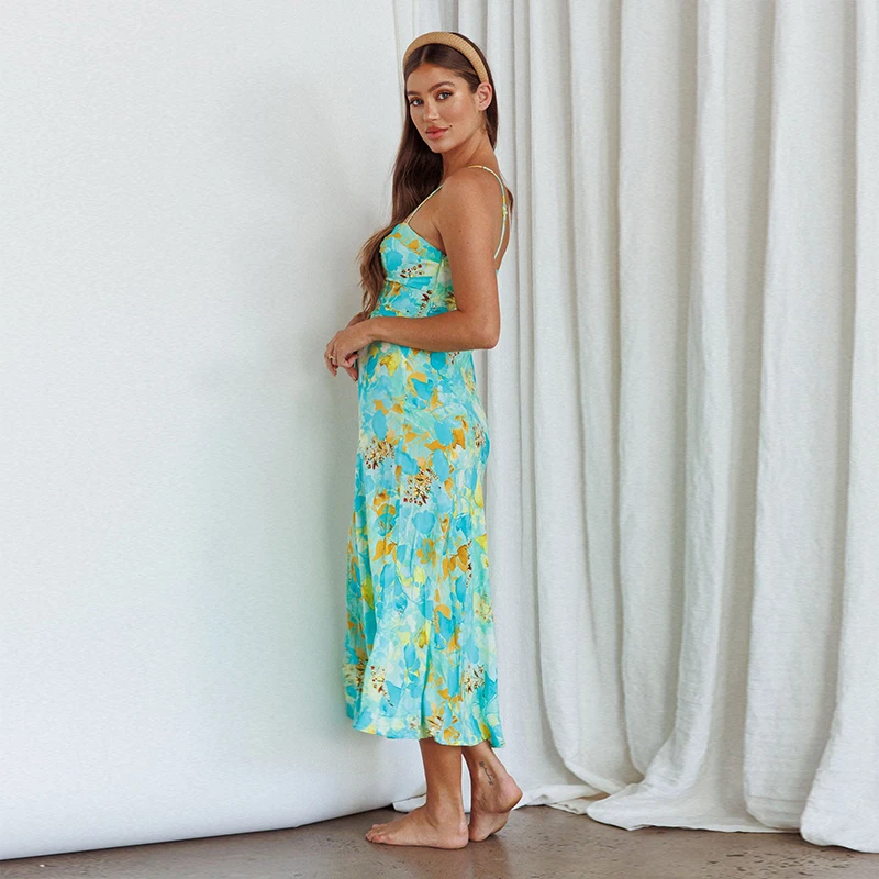 InsLucky Floral Teal Print Spaghetti Strap Maxi Dresses Women Sweetheart Neck Slim Folds Camisole Long Dresses Sexy Beachwear