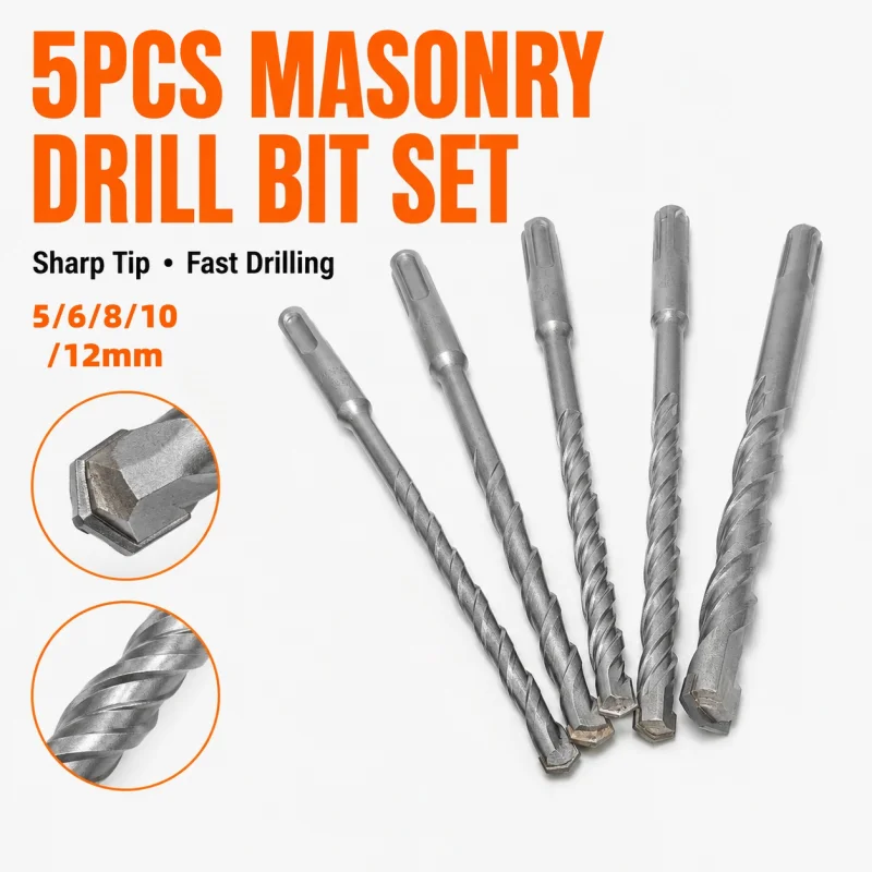 5PCS Concrete Drill Bit Kit, Tungsten Tip Masonry Bits for Rotary Hammer, DIY Wall Mounting Drilling Tools