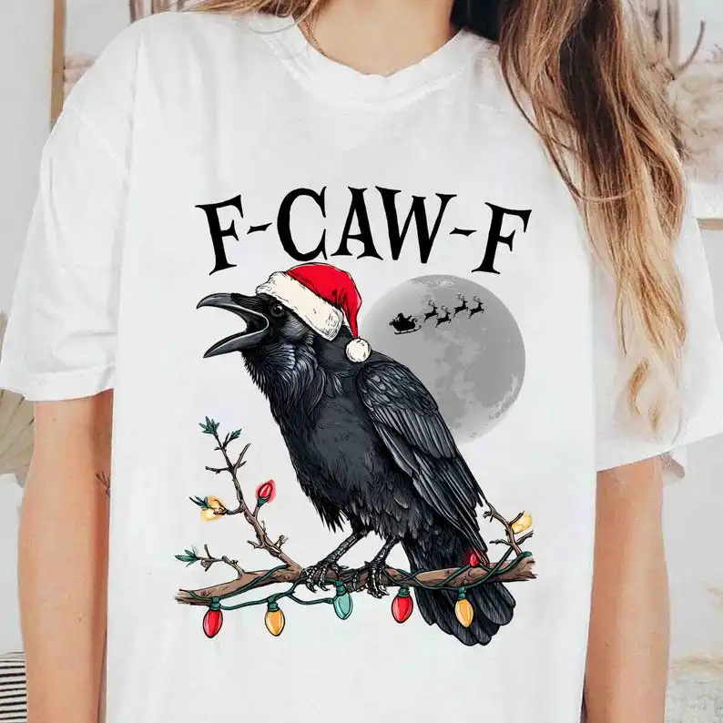 

Funny Crow Christmas T-Shirt Merry F-Caw-F Merry Christmas with Santa Hat Raven Pattern Leisure Loose Popular Gift Clothing