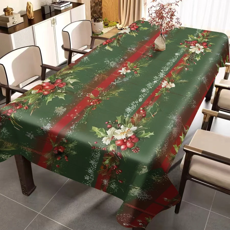 Elegant Holiday Tablecloth Green Red Berry Floral Spillproof Table Runner for Dining Room Decor