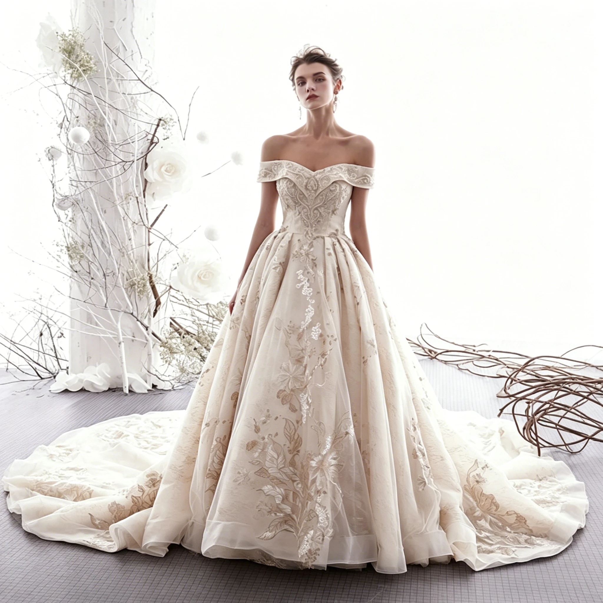 

Customized Luxurious Ball Gown Wedding Dress Off Shoulder Floral Lace Beaded Cathedral Train Bridal Gown Vestidos De Novia