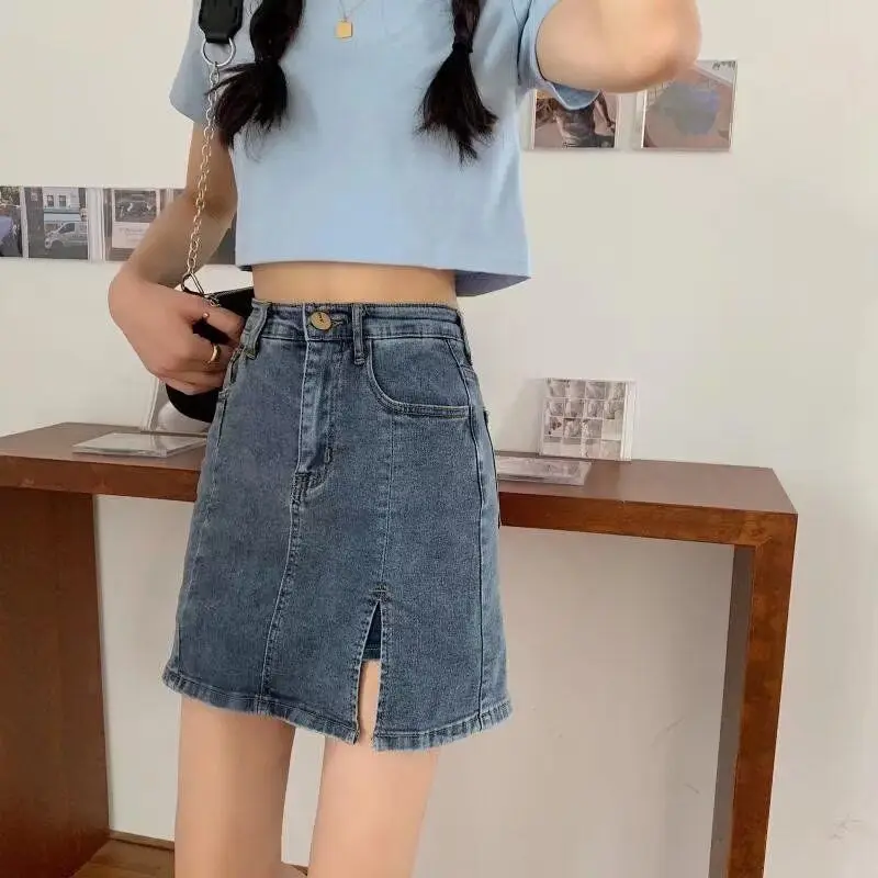 

Новая женская летняя джинсовая юбка-шорты с высокой талией, облегающая, А-силуэт, с боковым разрезом, укороченная, с защитой от просвечивания