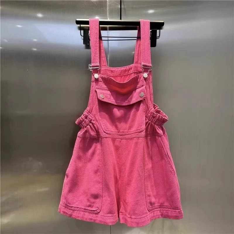 

Rose Red Denim Overalls Shorts Women, INS Fresh Age-Reducing Cute Sweet Style, Petite Girls One-Piece Suspender Jumpsuit