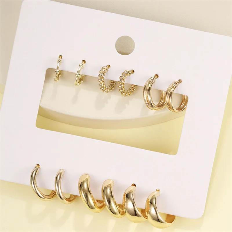 6pcs Chunky Gold Plated Waterdrop Hoop Earrings For Women Minimalist Smooth Thick Circle Drop Earring Lightweight Party Jewelry