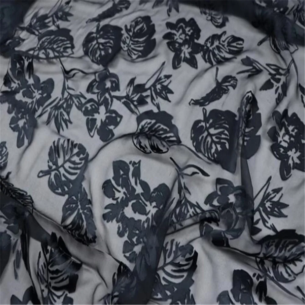 Newest Artful Flower Floral Black Dyed Color Breathable Opal Silk Burn Out Fabric for Elegant Lady Party Shawl Dress