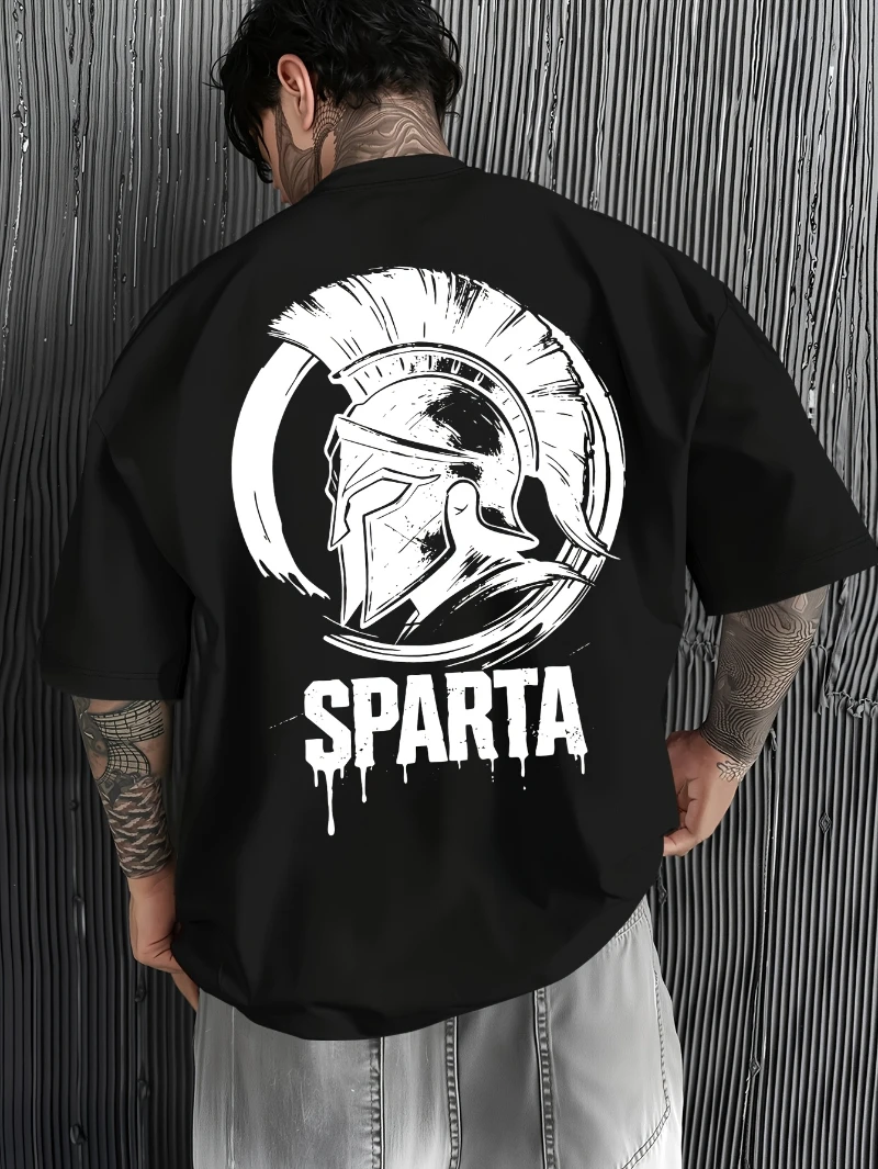 Men's Summer Streetwear Spartan Warrior Spirit Knight Helmet Graphic T-Shirt - Men's Essential Trendy Plus Size Short Sleeve Top