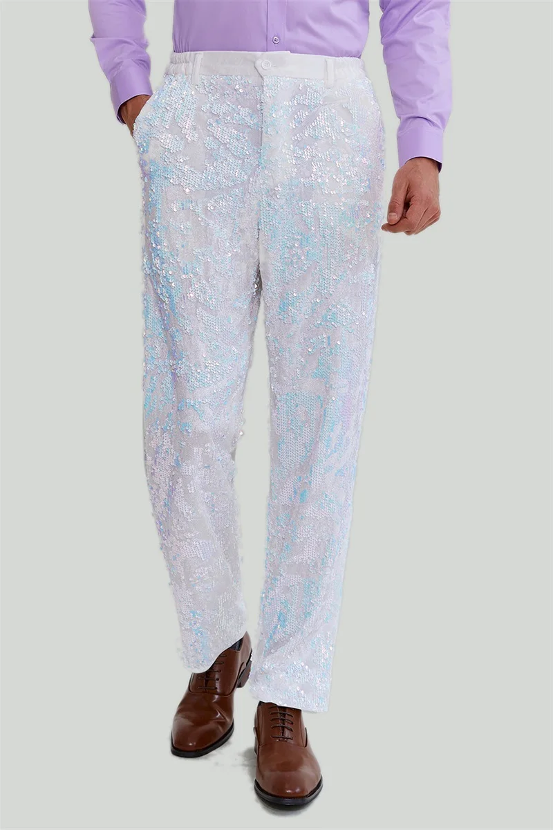 Setelan jas pria payet Glitter biru putih Set Blazer pernikahan tuksedo 2 potong mantel + celana gaun Prom jaket kostum pria buatan kustom