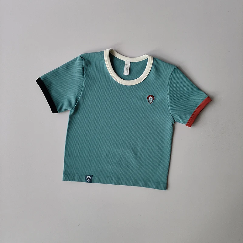 New T-shirt for Women's Short Sports Running Training U-neck Contrast Embroidered Slim Fit Sports Top Shirts Clothing Suit