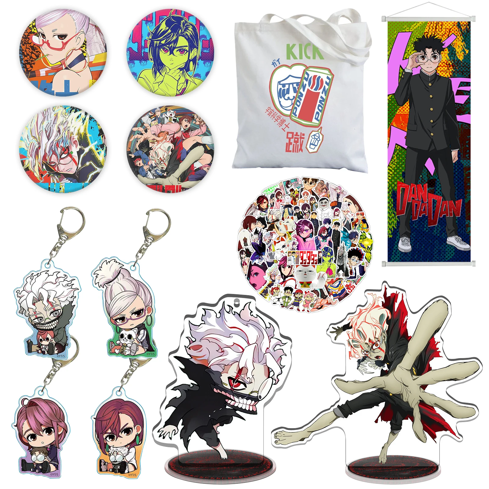 

Dandadan Merch Set - Canvas Tote Bag, Stand Figure, Keychain, Badge, Stickers，Hanging paintings - Gift Set for Fans