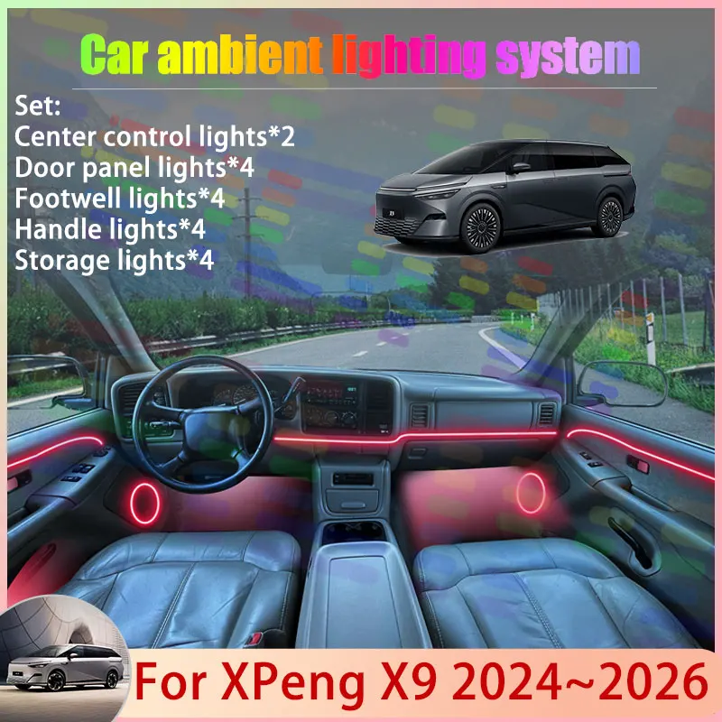 

Для XPeng X9 2024 2025 2026 H93 2/24 в 1, автомобильная атмосферная лампа, RGB абажур, ансамбль, стример, атмосферный набор, аксессуары, детали