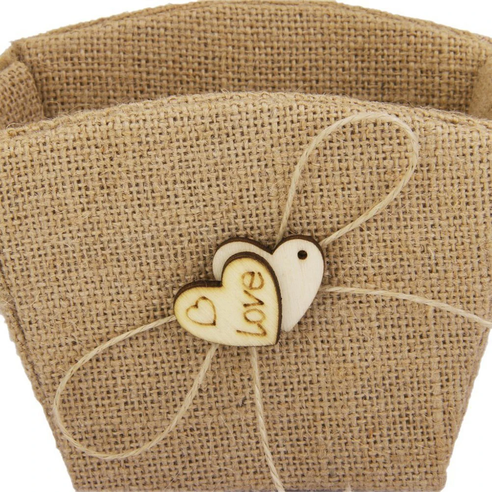 

Rustic Burlap Flower Basket Double Wooden Heart Bowknot Wedding Ceremony Linen Hessian Wicker Basket For Baby Shower Home